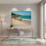 Modern home office with beach wall art