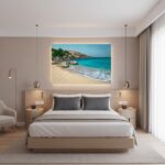 Modern bedroom with beach artwork above bed