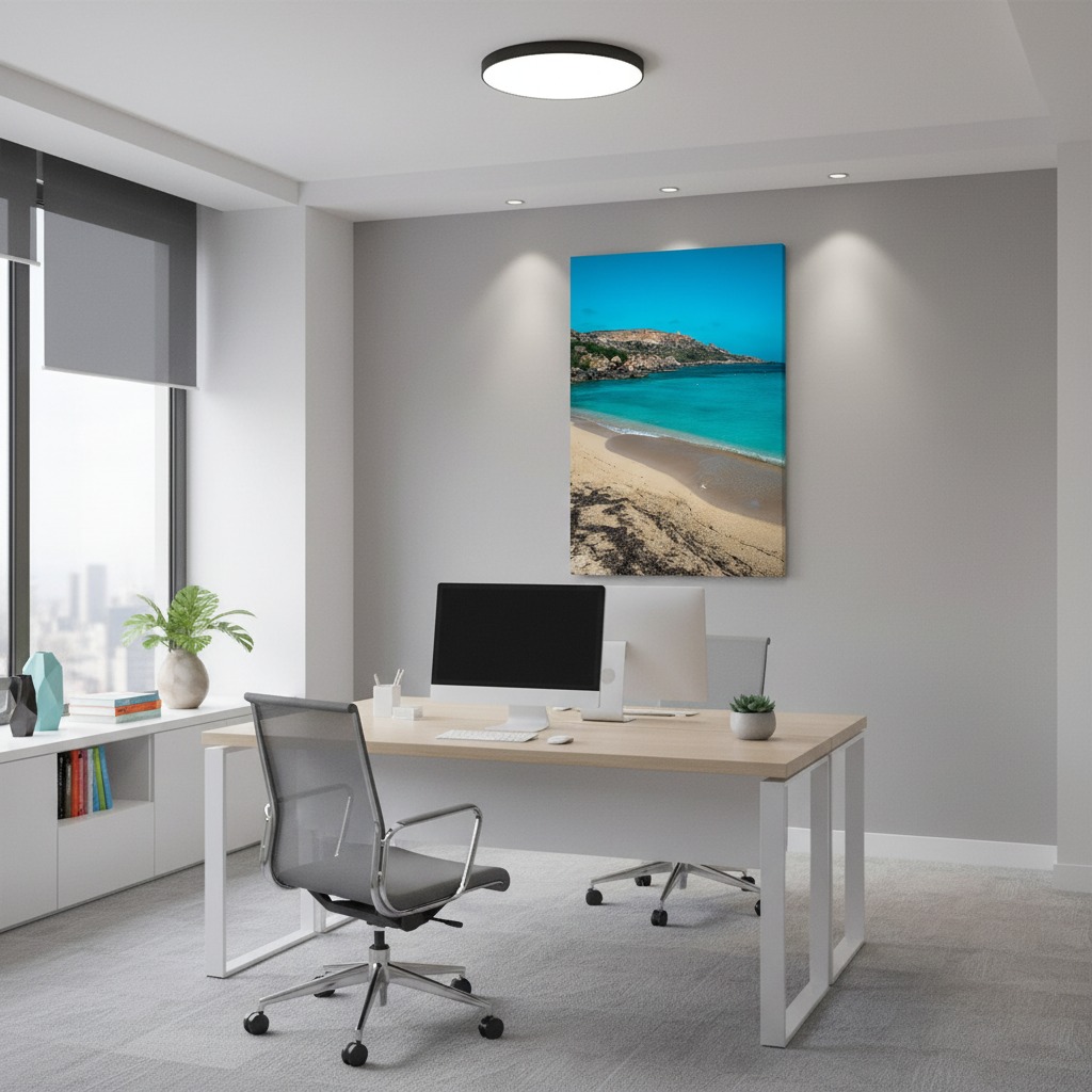 Modern office with beach wall art