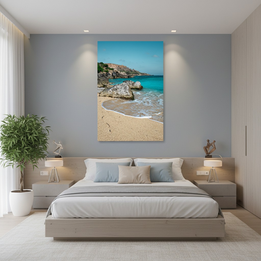 Modern bedroom with beach canvas wall art