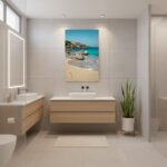 Modern minimalist bathroom with beach wall art