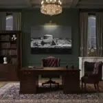 Elegant classic office with wooden desk and chandelier