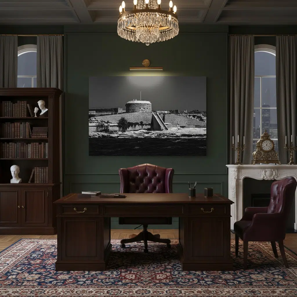 Elegant classic office with wooden desk and chandelier