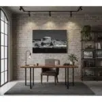 Modern home office with brick wall and wooden desk