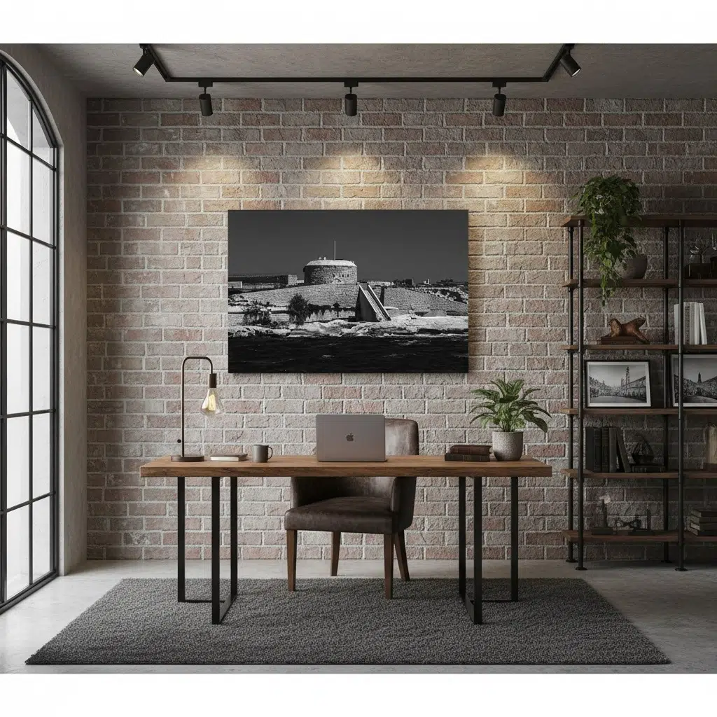 Modern home office with brick wall and wooden desk