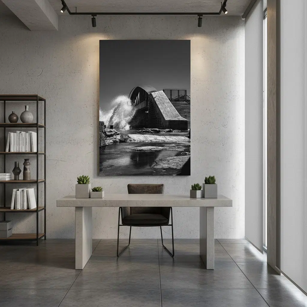 Modern minimalist office with black-and-white bridge artwork