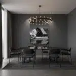 Modern dining room with chandelier and dark decor