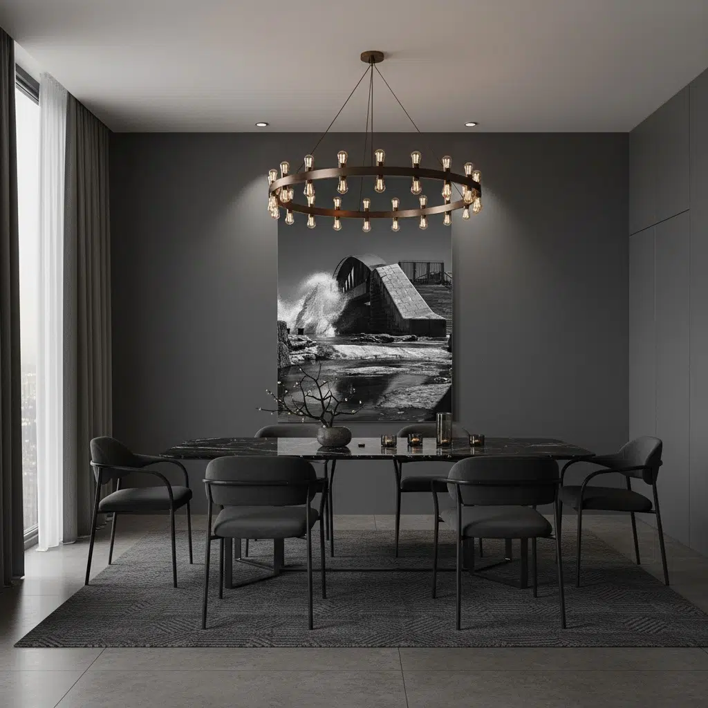 Modern dining room with chandelier and dark decor