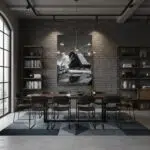 Modern industrial dining room with brick wall