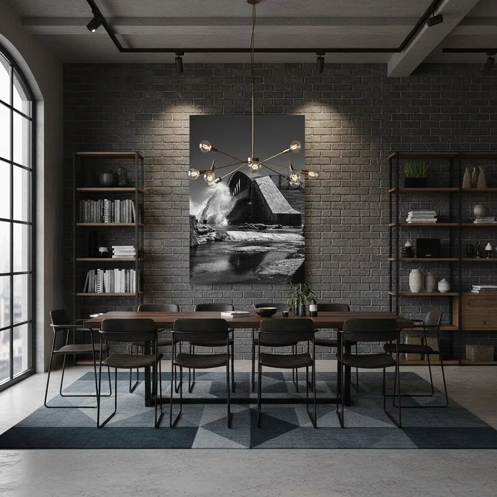 Modern industrial dining room with brick wall