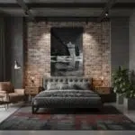 Modern industrial bedroom with brick accent wall