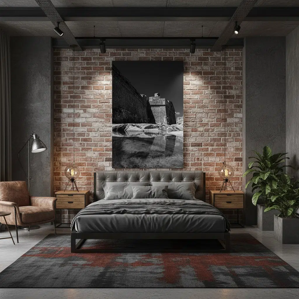 Modern industrial bedroom with brick accent wall