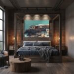 Rustic bedroom with canopy bed and coastal artwork