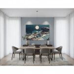Modern dining room with ocean artwork and pendant light