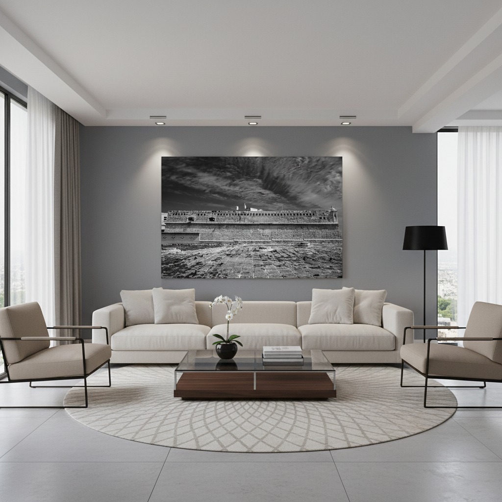 Modern minimalist living room with large wall art