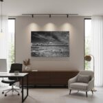 Modern office with large black-and-white wall art