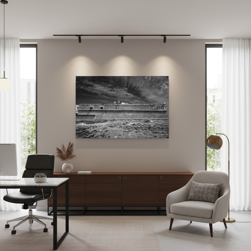 Modern office with large black-and-white wall art
