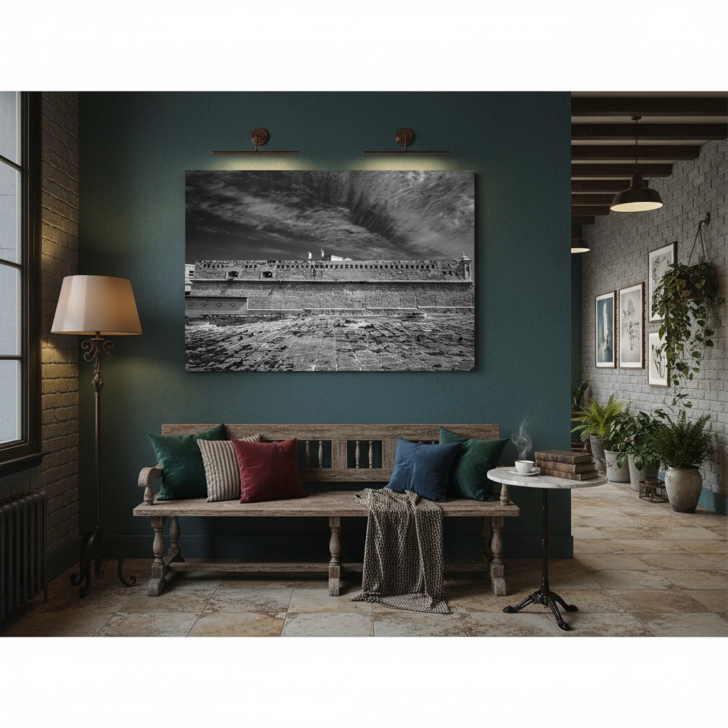 Cozy modern interior with bench and wall art