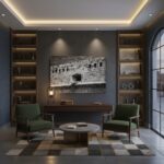 Modern study with green chairs and wall art
