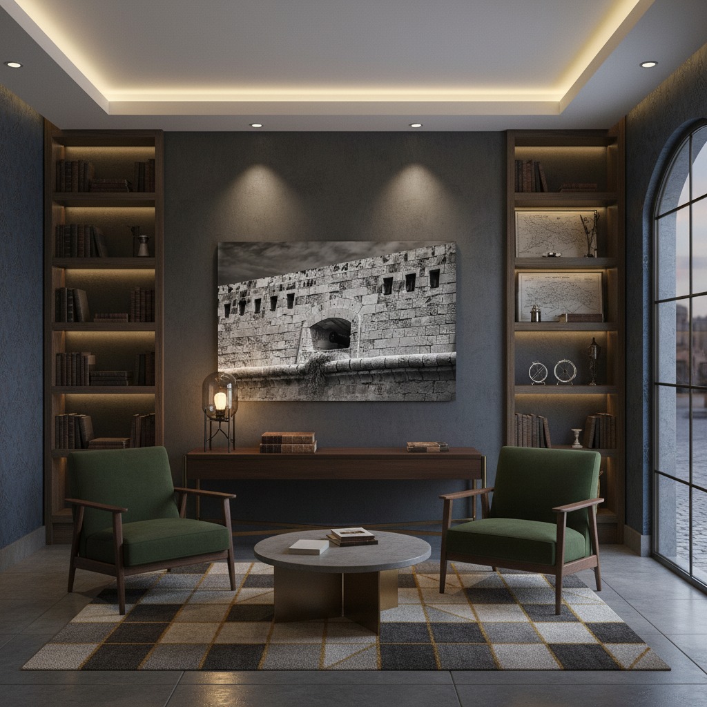 Modern study with green chairs and wall art