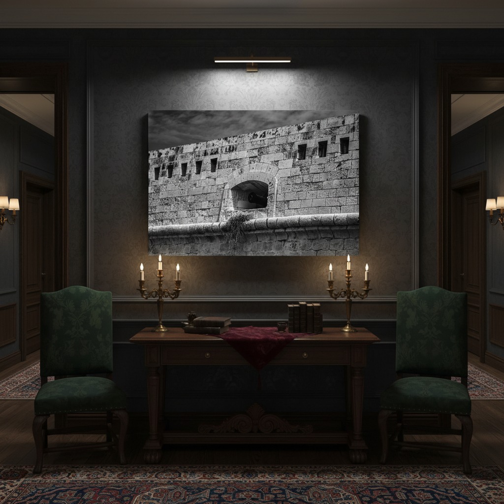 Elegant study with fortress wall artwork