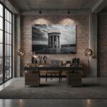 Industrial office with brick wall and large black-white artwork