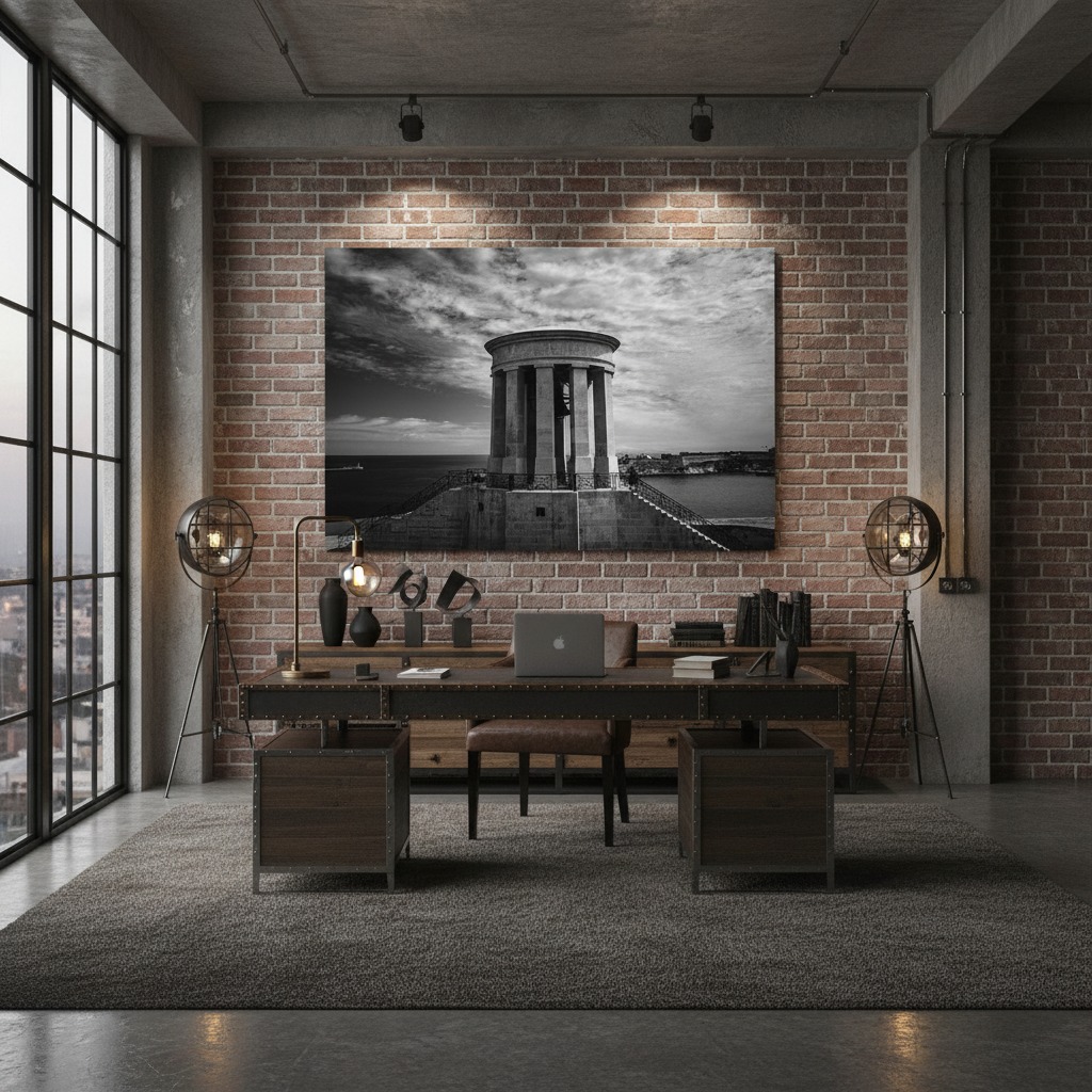 Industrial office with brick wall and large black-white artwork