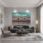 Modern living room with gray sofa and wall art