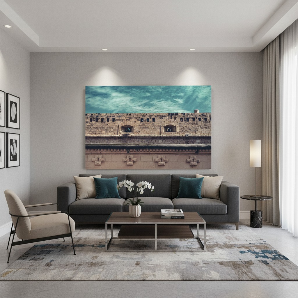 Modern living room with gray sofa and wall art