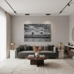 Modern minimalist living room with gray sofa and artwork