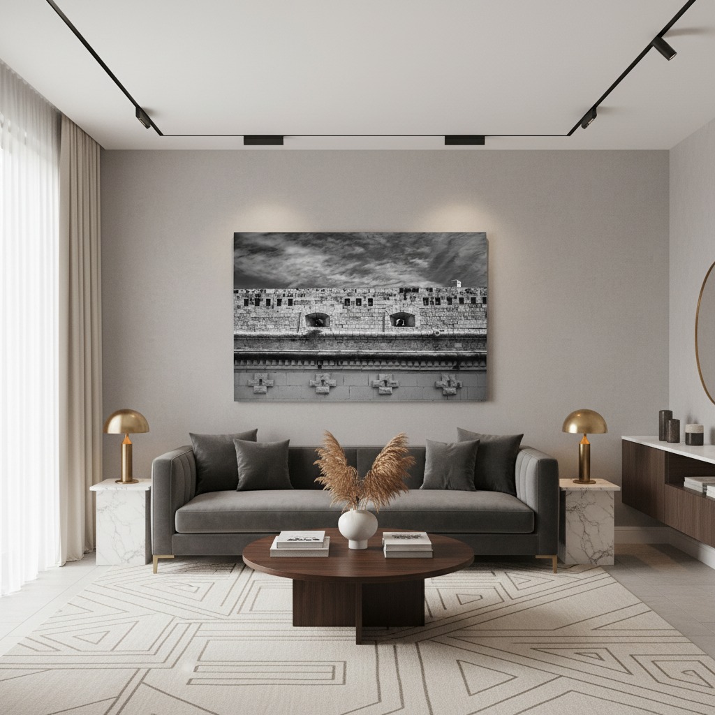 Modern minimalist living room with gray sofa and artwork