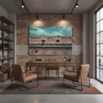 Industrial office with brick wall and leather chairs