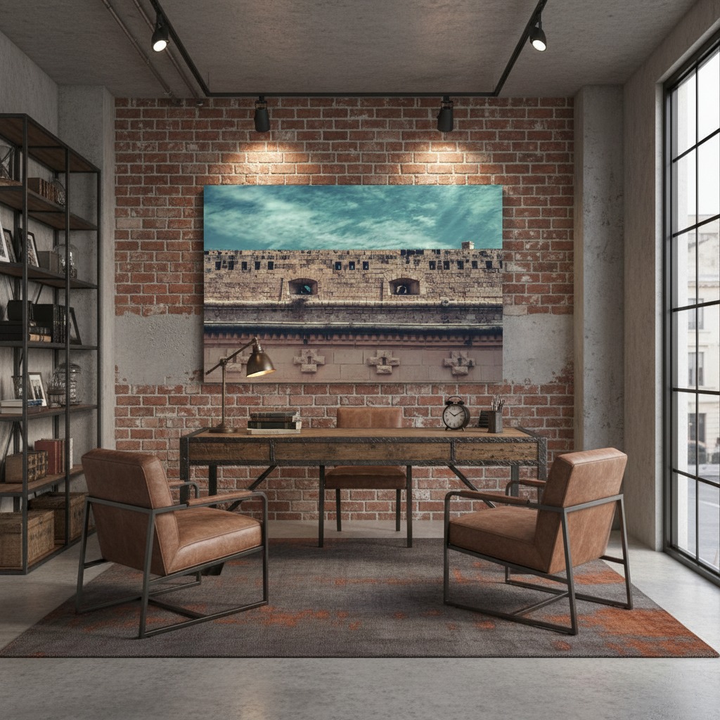 Industrial office with brick wall and leather chairs