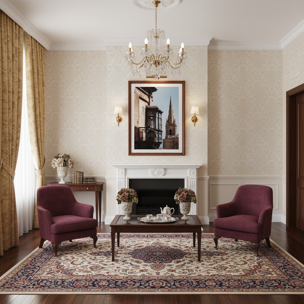 Elegant living room with fireplace and purple armchairs
