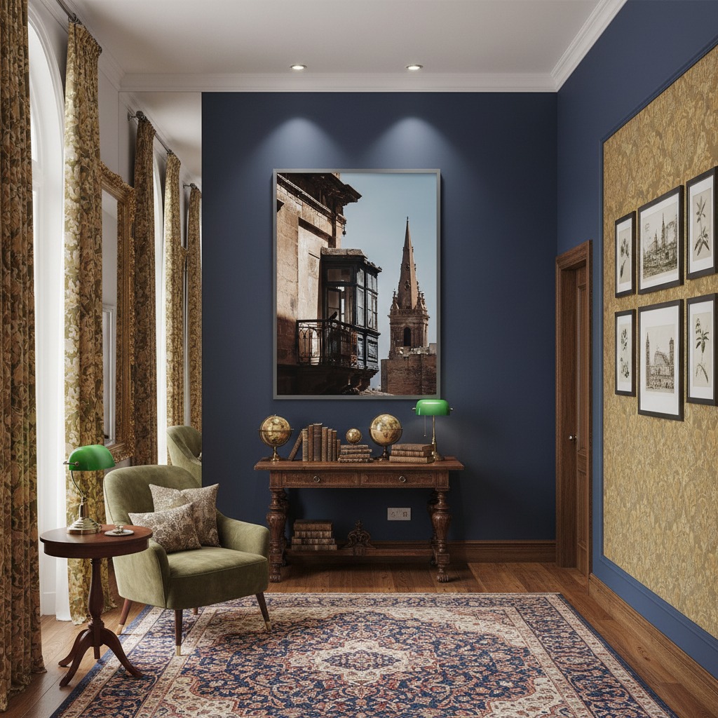 Elegant vintage study with blue walls and wooden desk