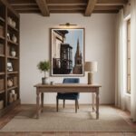 Cozy home office with wooden desk and artwork