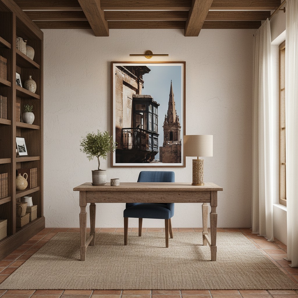 Cozy home office with wooden desk and artwork