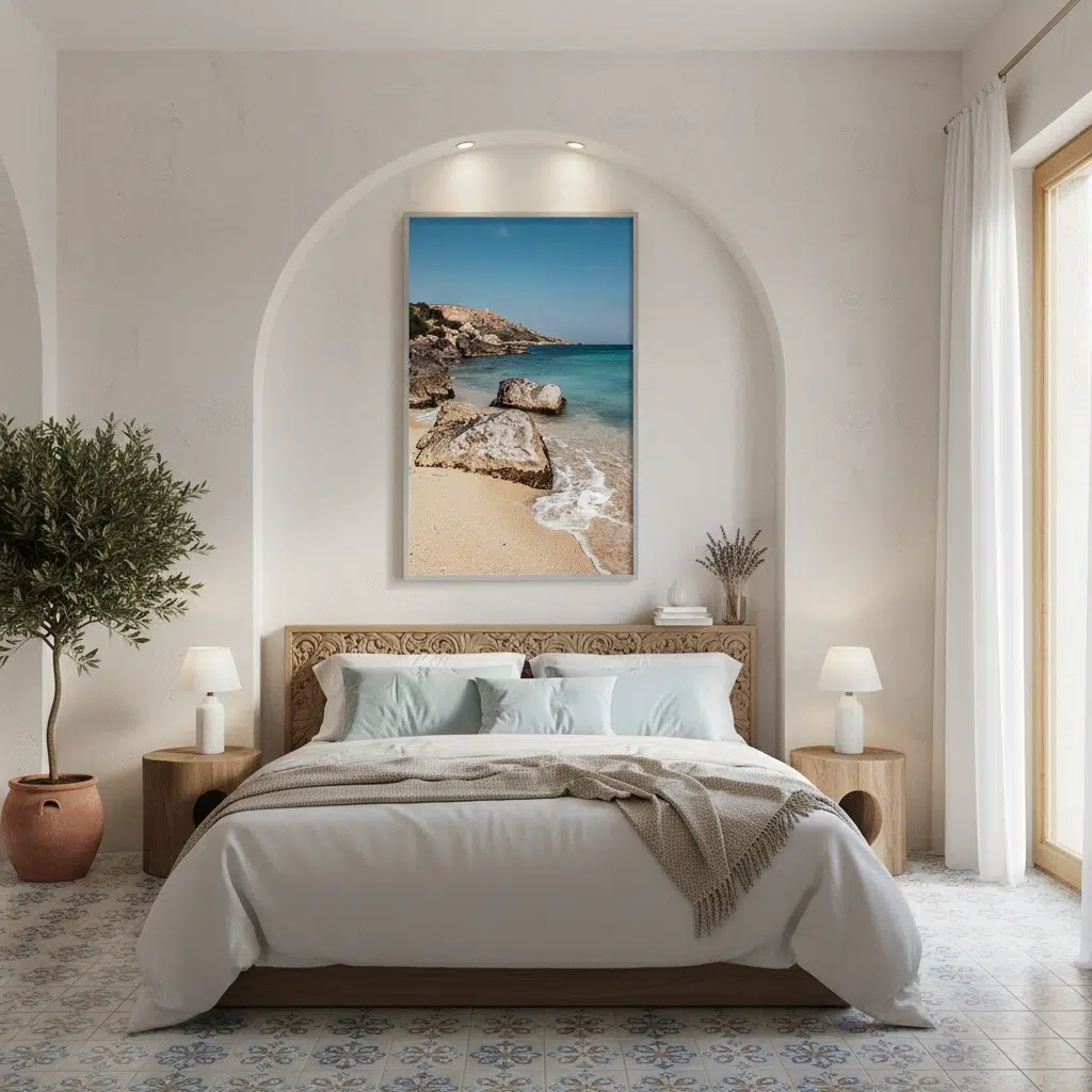 Mediterranean bedroom with beach artwork above bed