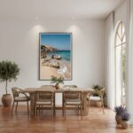 Bright dining room with beach wall art