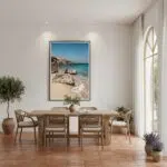 Bright dining room with beach wall art