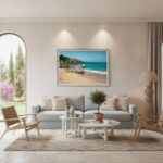 Modern living room with beach artwork and neutral decor