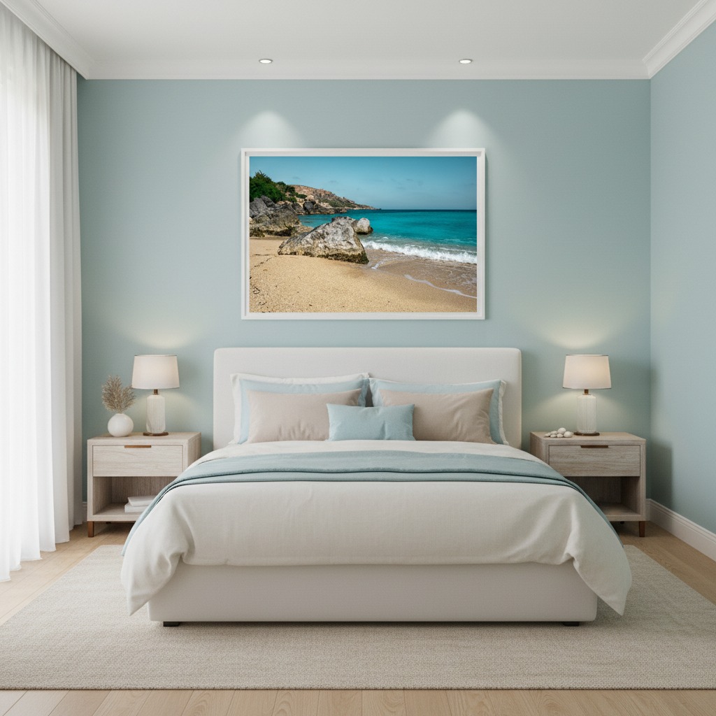 Modern bedroom with beach artwork above bed