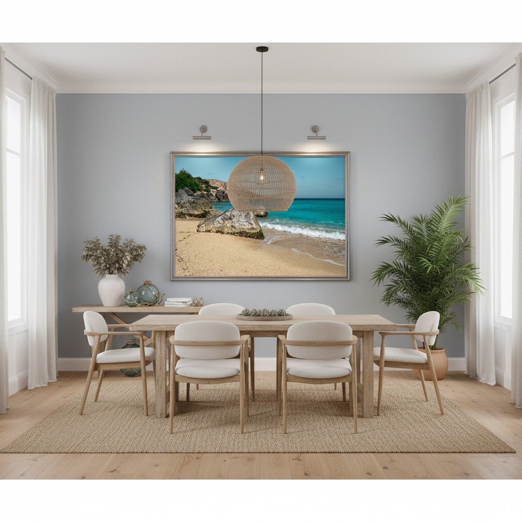 Coastal dining room with beach wall art