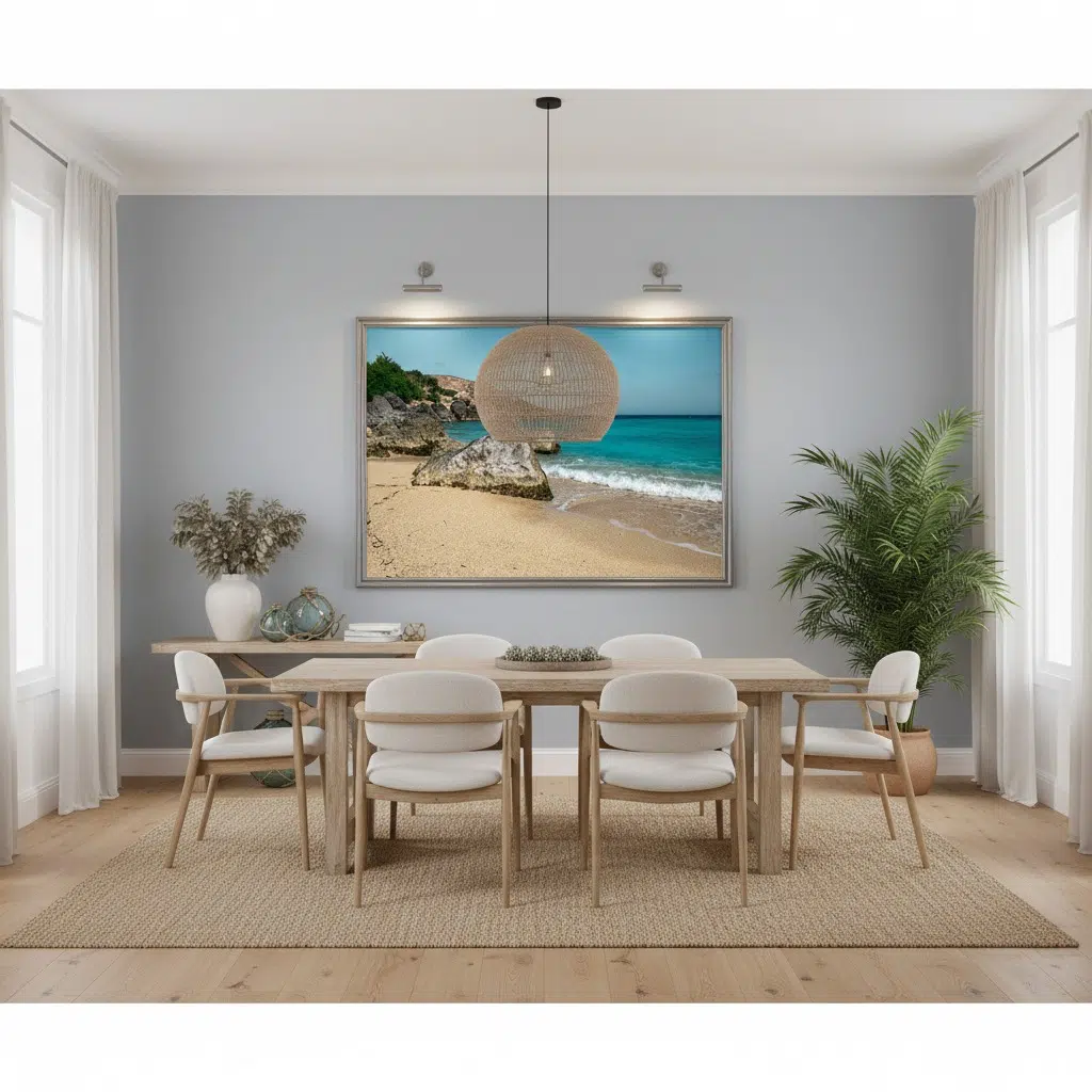 Coastal dining room with beach wall art