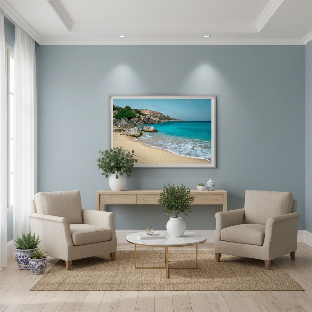 Coastal living room with beach wall art