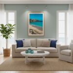 Coastal-themed living room with beach wall art