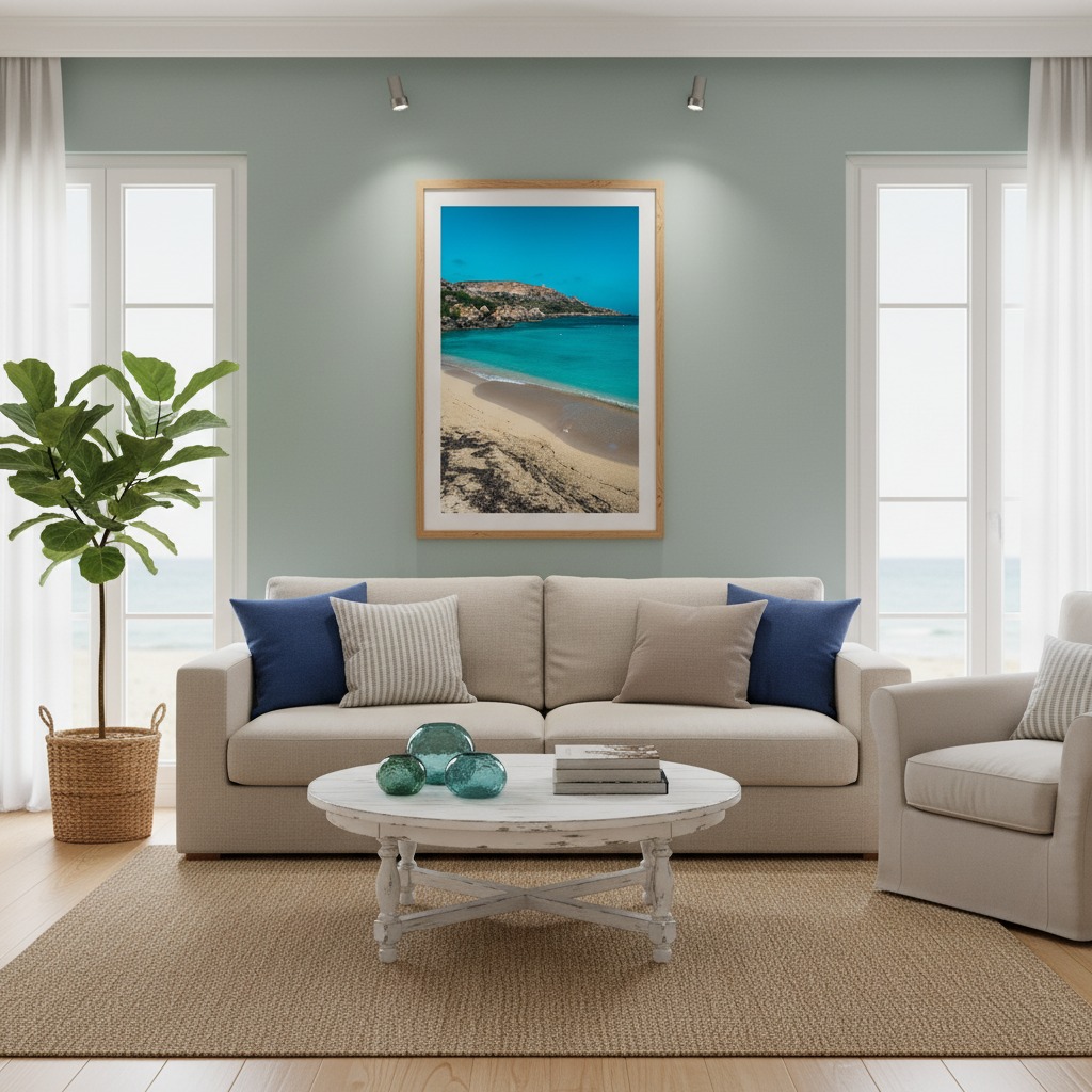 Coastal-themed living room with beach wall art