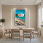 Modern dining room with beach artwork and wooden table
