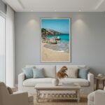 Modern living room with beach artwork above sofa