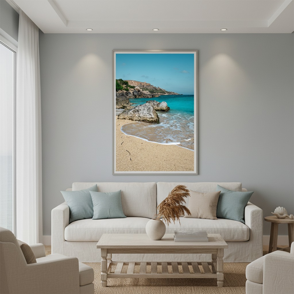 Modern living room with beach artwork above sofa